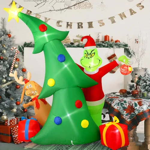Vista 2 de Hioasis Decoración inflable de Navidad para exteriores de 9 pies, árbol con monstruo verde de Navidad, perro y cajas de regalo con luces LED