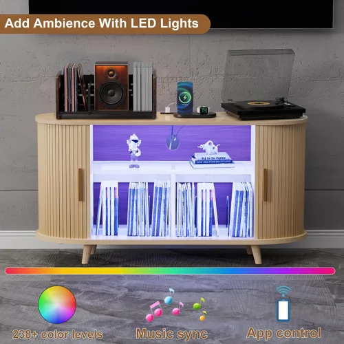 Vista 4 de Soporte para tocadiscos, gabinete de almacenamiento de discos de 55 pulgadas con estación de carga y puertos USB, soporte para tocadiscos
