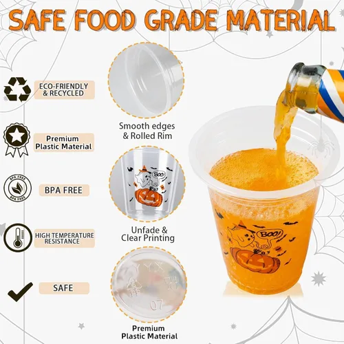 Vista 4 de GuassLee Paquete de 50 vasos desechables de Halloween – Juego de vasos de plástico desechables transparentes de 12 onzas con 5 estilos de patrones