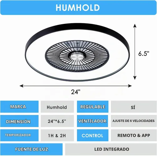 Vista 8 de Ventiladores de techo sin aspas de 24" con luces y control remoto/APP, ventilador de techo de bajo perfil con 3 luces atenuables, ventilador