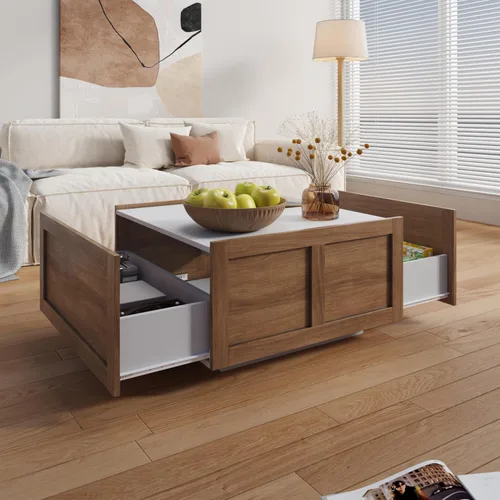 Vista 9 de HedoAjim - Mesa de centro de granja con 2 cajones de almacenamiento para sala de estar, mesa cuadrada central moderna, mesa de cóctel contemporánea