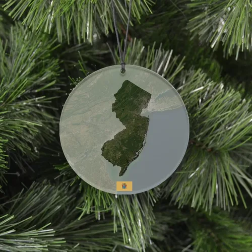 Vista 2 de Adorno navideño de Nueva Jersey, diseño festivo con mapa de terreno aéreo y bandera de estado, decoración de disco acrílico colgante 2025
