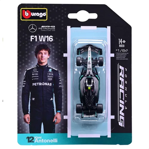 Vista 5 de Bburago Escala 1:64 Race Formula Mercedes W16 (2025) Vehículo fundido a presión, Antonelli #12