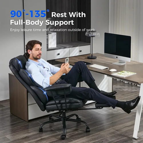 Vista 4 de LukkDys Silla de oficina grande y alta, silla de juegos de cuero con respaldo alto y reposapiés, soporte lumbar, reposabrazos suaves fijos hacia