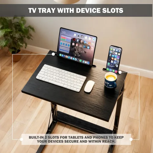 Vista 4 de Mesa plegable para TV, mesa de cena de TV, bandejas de TV de altura ajustable para comer en el sofá, mesa auxiliar en forma de C con ranuras