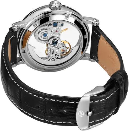 Vista 3 de FORSINING Reloj de esqueleto con correa de piel auténtica, diseño único de lujo, movimiento automático, estilo popular