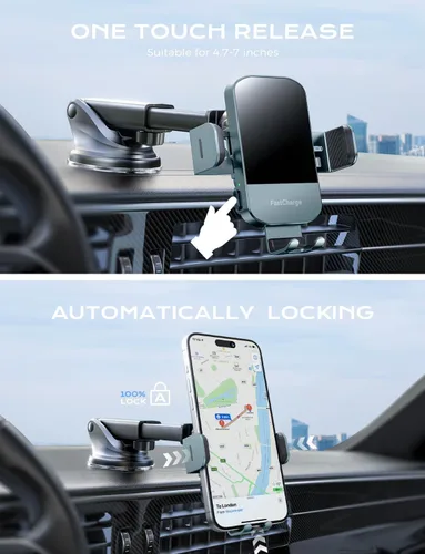 Vista 4 de Cargador de Coche Inalámbrico, Carga Rápida de 15W, Cargador de Coche con Abrazadera Automática, Soporte para Teléfono Compatible con iPhone 15 14