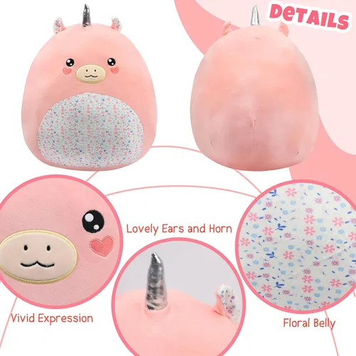 Vista 3 de Almohada grande de felpa de unicornio de 20 pulgadas con vientre floral, lindo juguete de peluche suave para abrazar, animal de peluche jumbo