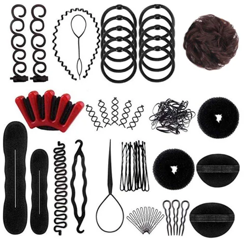 Vista 2 de 73 piezas de herramientas para trenzar el cabello con moño de peluca de cabello marrón, herramientas de peinado para el cabello, accesorios