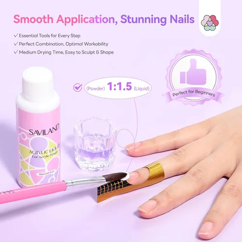 Vista 5 de SAVILAND Essentials Kit de uñas acrílicas: Kit de uñas todo en uno fácil y premium con polvo acrílico transparente, blanco y rosa, EMA monómero
