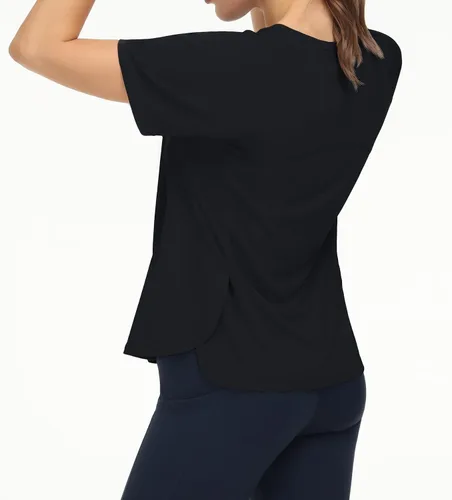 Vista 2 de THE GYM PEOPLE Camisetas de entrenamiento de manga corta para mujer, camisetas de yoga transpirables con aberturas laterales