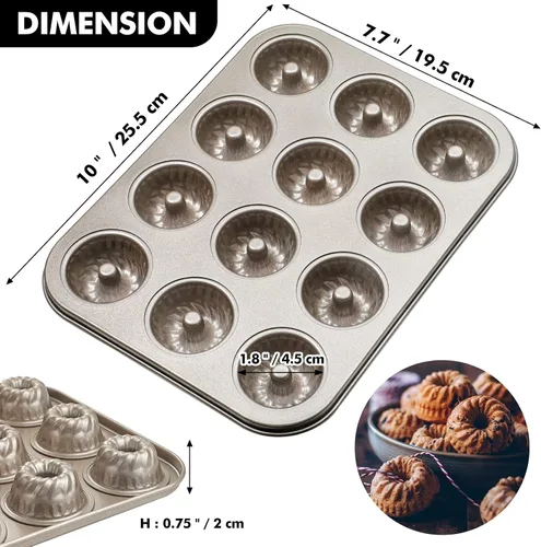 Vista 4 de Webake Paquete de 2 mini moldes para tartas de tubo estriado, tamaño de mordida antiadherente de 12 tazas, 1.8 pulgadas, pequeño molde para tartas