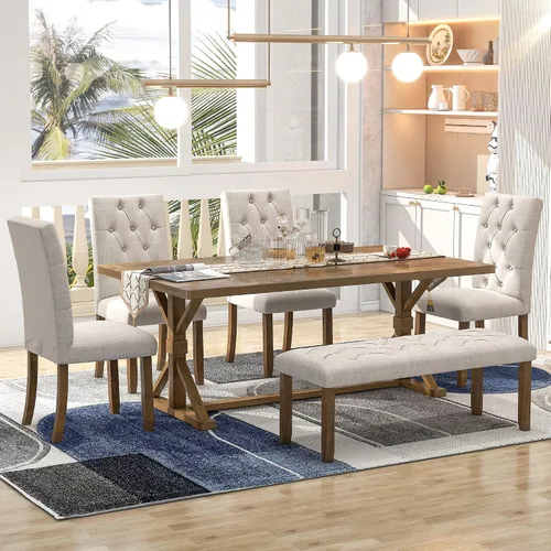 Vista 13 de Merax Juego de mesa de comedor de 6 piezas con banco, mesa rectangular de madera de 60 pulgadas con 4 sillas copetudas de respaldo alto y 1 banco