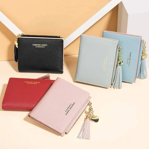 Vista 6 de Billetera pequeña para mujer, linda, adolescente, niñas, simple, plegable, delgada, compacta, carteras para mujer, A-Rosa, Minimalista