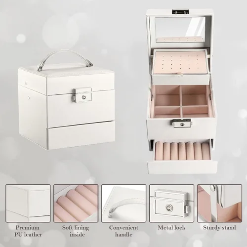 Vista 5 de ProCase Joyero para niñas y mujeres que viajan regalo ideal pequeño organizador de joyas de 3 capas con cerradura de espejo organizador para aretes