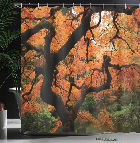 Vista 3 de Ambesonne Cortina de ducha japonesa, árboles de arce japoneses en la oscuridad profunda en el bosque, foto de ambiente bastante meditativo, juego