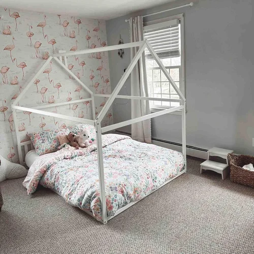 Vista 4 de Cama Montessori para niños pequeños, cama en forma de casa para niños, marco de cama con dosel, cama de piso para niños pequeños, tamaño matrimonial