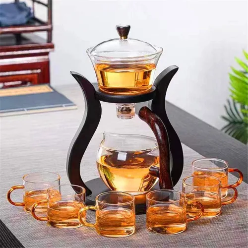 Vista 7 de RORA - Juego de té de Vidrio, juego de té automático de vidrio, juego de tetera Kungfu, magnético, giratorio, resistente al calor (color claro)