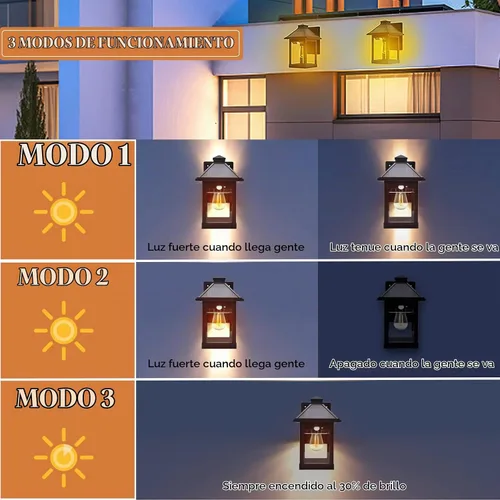 Vista 2 de Paquete de 2 faroles solares para exteriores, impermeables, IP65, 3 modos inalámbricos, sensor de movimiento del atardecer al amanecer, luces LED
