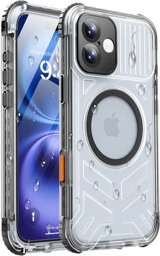 Vista 26 de Funda impermeable para iPhone 15 con Magsafe, protector de pantalla, cordón, IP68 militar de cuerpo completo a prueba de golpes, para deportes Negro