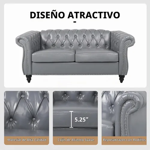 Vista 4 de QHITTY - Juego de 3 piezas para sala de estar, sofá seccional Chesterfield con silla contemporánea tapizada en cuero, sofás biplaza para sala
