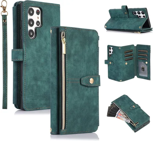 Vista 20 de UEEBAI Funda tipo cartera para Samsung Galaxy S22 5G, Retro 9 ranuras para tarjetero, bolsillo con cremallera, cierre magnético, función atril