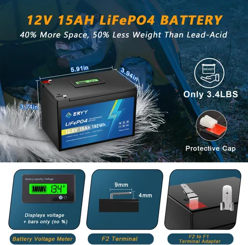 Vista 2 de 12V 15Ah LiFePO4 Lithium Battery with BMS and LCD Voltmeter