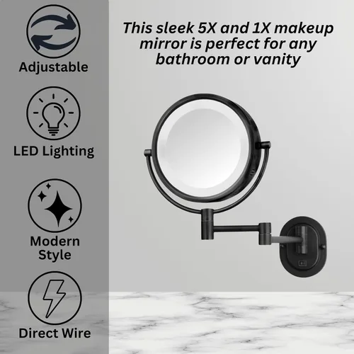 Vista 5 de JERDON Espejo de maquillaje montado en la pared con aumento 5X - Espejo de maquillaje negro con luces LED - Cable directo - Modelo HL65BKD
