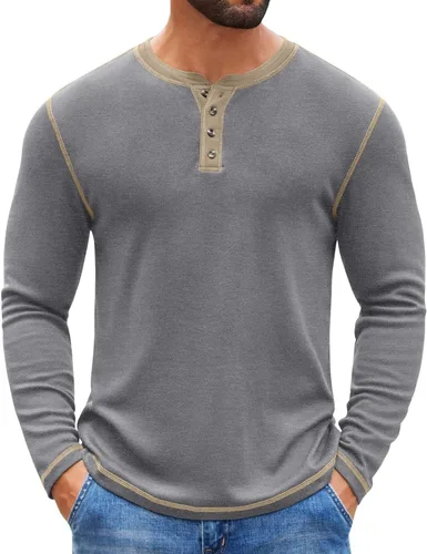 Vista 8 de COOFANDY - Camisetas Henley para hombre, manga larga, con botones, estilo casual, de pullover, suaves, elásticas, tops de camiseta