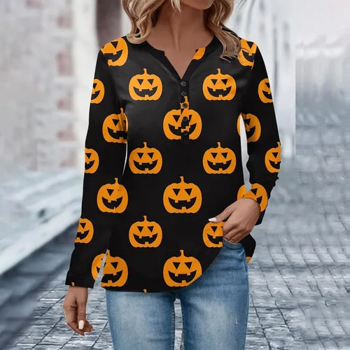 Vista 4 de Atuendos de otoño para mujer, a la moda, casual, cuello en V, manga larga, estampado de Halloween, con botones
