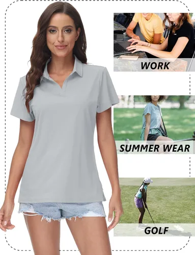 Vista 7 de TACVASEN Polo de manga corta con cuello en V para mujer, con protección solar UPF 50+, secado rápido, para golf