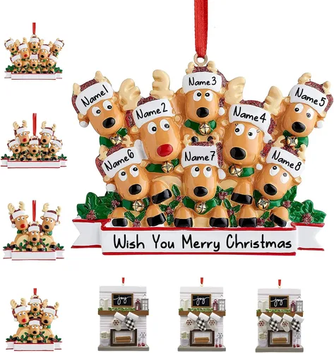 Vista 10 de Adornos de Navidad personalizados 2025, repisa de chimenea, familia de 2/3/4/5/6 nombres de miembros de la familia Joy para decoraciones de árbol