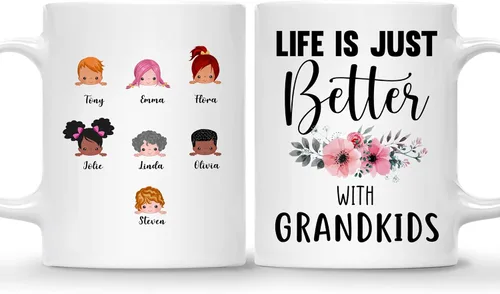 Vista 12 de Gossby Taza personalizada Life is Better With GrandKIDS (1 niño), taza personalizada de regalo para abuelos con avatares de nietos, nombres, 11