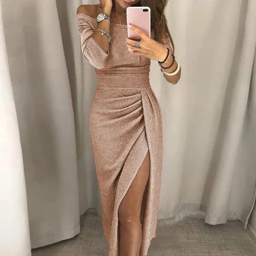 Vista 2 de Vild - Vestido de lentejuelas para mujer, vestido de graduación, manga larga, elegante, cuello en V, noche, fiesta y salida nocturna, Champán, XXL
