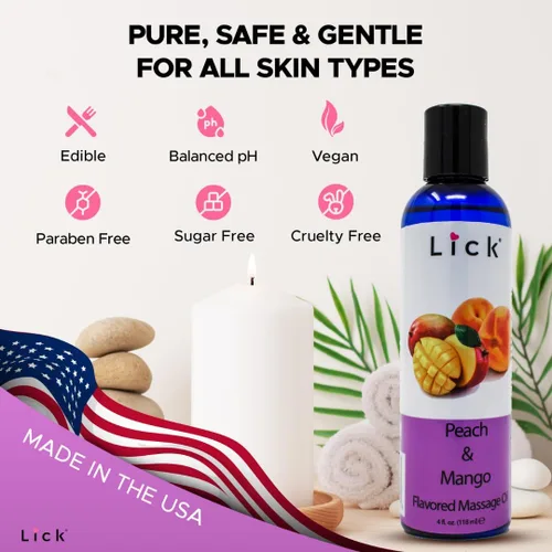 Vista 8 de Lick Aceite de masaje con sabor a mango de durazno – Aceite de masaje comestible de mezcla tropical jugosa con vitamina E, ligero deslizamiento