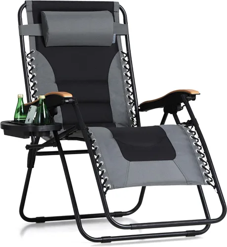 Vista 12 de MFSTUDIO Sillas Zero Gravity, silla reclinable de gran tamaño para patio, silla plegable acolchada con bandeja portavasos, soporta 400 libras