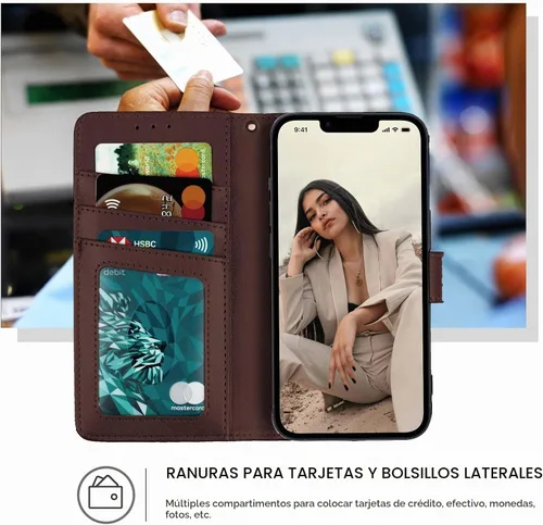 Vista 2 de Funda tipo cartera para iPhone 11, bloqueo RFID, soporte para 3 tarjetas con ranura para tarjetas de crédito, funda protectora magnética de piel