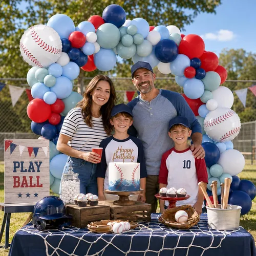 Vista 5 de FunHot Kit de guirnalda de arco de globos de béisbol, guirnalda de globos azul marino y rojo con globos blancos, globos de papel de aluminio de Azul