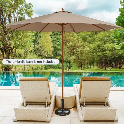 Vista 2 de HAPPYGRILL Sombrilla de madera para patio de 10 pies con polea de cuerda y Beige Bronceado
