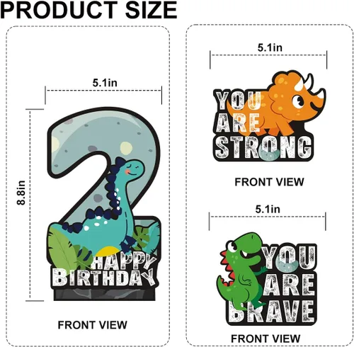 Vista 2 de Juego de 3 piezas de dinosaurios con signo de número de 2º cumpleaños, decoración de mesa de dinosaurios para niños y niños de 2º cumpleaños