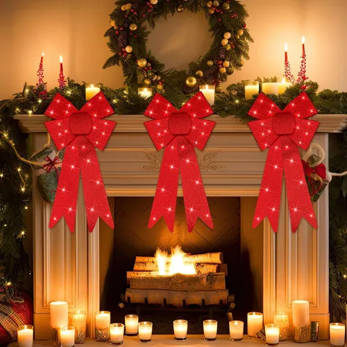 Vista 5 de Liliful 3 lazos de Navidad grandes de 18 x 10 pulgadas con luz roja para corona y remate de árbol, adornos gigantes iluminados para remate de árbol