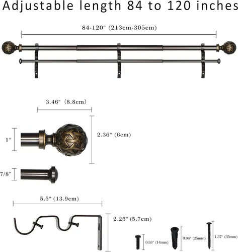 Vista 3 de Barra de cortina doble de 1 pulgada con remates de bola Geo - 48" a 84", bronce Pompeya
