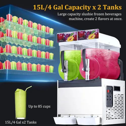 Vista 6 de Máquina de granizado de acero inoxidable de doble tanque de 15L, fabricante de bebidas congeladas de 700 W con función de limpieza automática