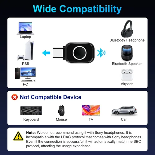 Vista 3 de ZIOCOM Adaptador Bluetooth USB-C para PS5, Bluetooth 5.3 Dongle con APTX LL Transmisor de audio inalámbrico para auriculares y auriculares,