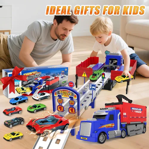 Vista 5 de SpringFlower - Juguetes de pista de carreras con camión portaequipajes, juguetes para niños de 3, 4, 5, 6 años con luces y sonidos, pista