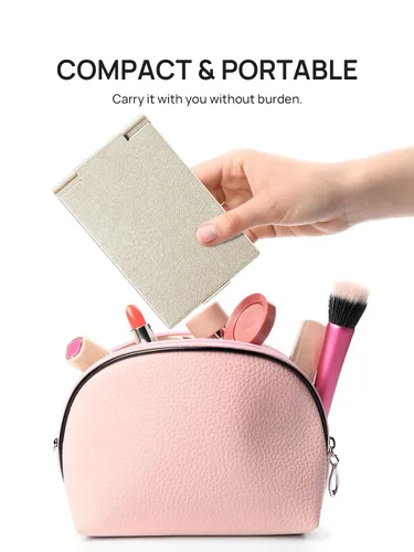 Vista 6 de Espejo plegable portátil, espejo de mesa de maquillaje ultra delgado para viajes con carcasa de aluminio, dorado, tamaño mini, 4.7 pulgadas