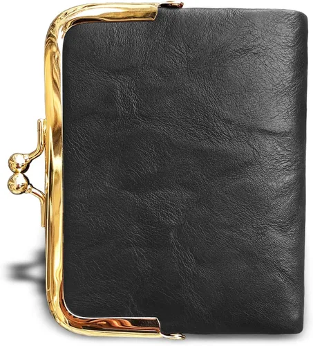 Vista 10 de AOXONEL Cartera para mujer, pequeña, Rfid, compacta, plegable, de piel, vintage, con cremallera y cierre de beso
