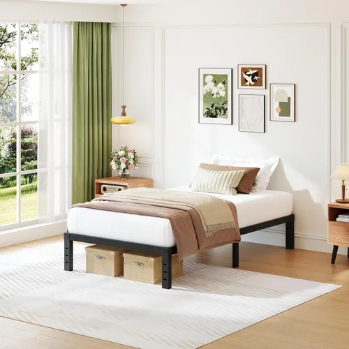 Vista 3 de Base de cama Twin-XL de metal, no necesita sommier, plataforma de 12 pulgadas sin ruido en color negro, de fácil montaje, soporte de láminas