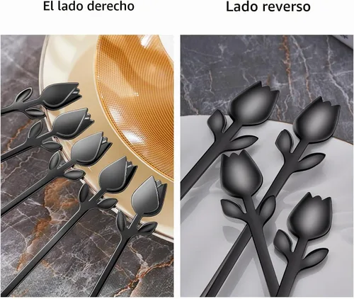 Vista 6 de Juego de 12 mini cucharas de café con mango de tulipán negro/rosa, acero inoxidable de 6 pulgadas para expreso, té, postre, ideal para demitasse