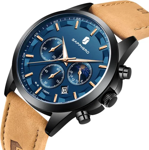 Vista 2 de SAPPHERO Watches for Men Quartz Chronograph 10ATM Waterproof Brown Leather Men's Fashion Business Wrist Watch (Battery is Dead)